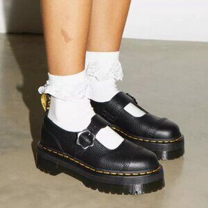 DR. MARTENS Addina Flower Buckle Leather Platform Shoes, Size 9